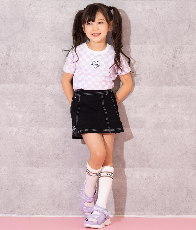 チェッカー柄 Tシャツ + デニム ビスチェ セット 428-3242