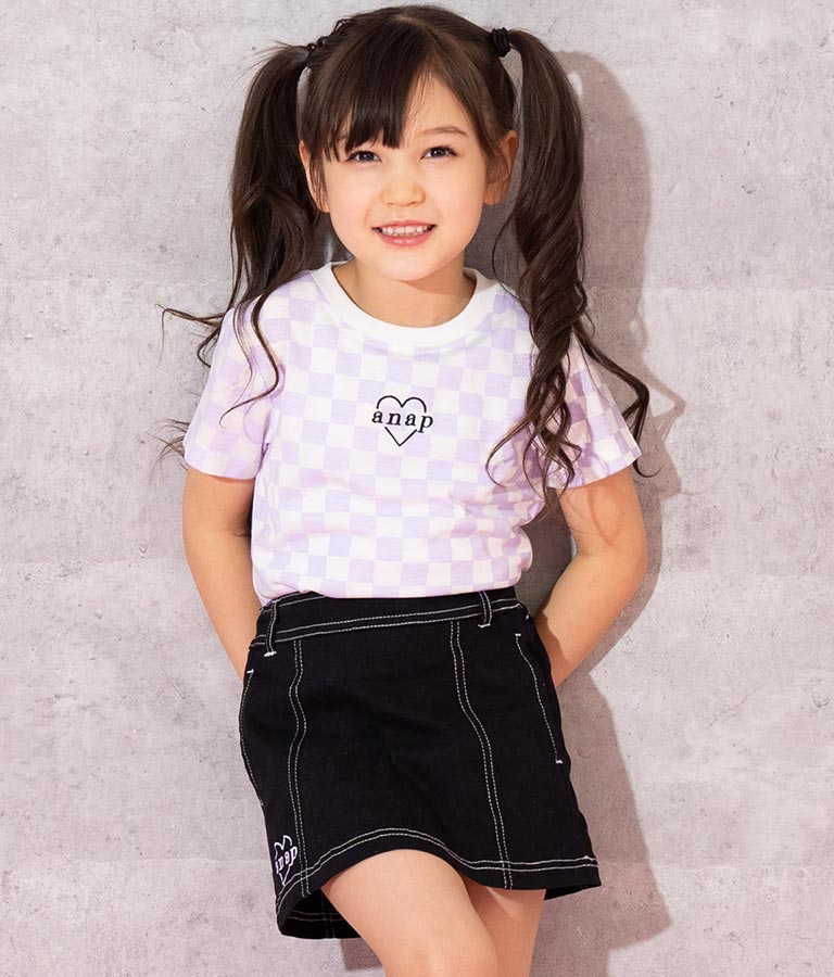 チェッカー柄 Tシャツ + デニム ビスチェ セット 428-3242