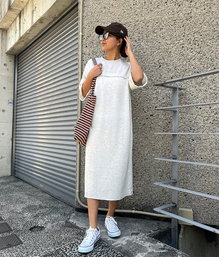 ガーゼ 裏毛 バック切替 5分袖 スウェット ワンピース 857-5839