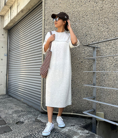 ガーゼ 裏毛 バック切替 5分袖 スウェット ワンピース 857-5839