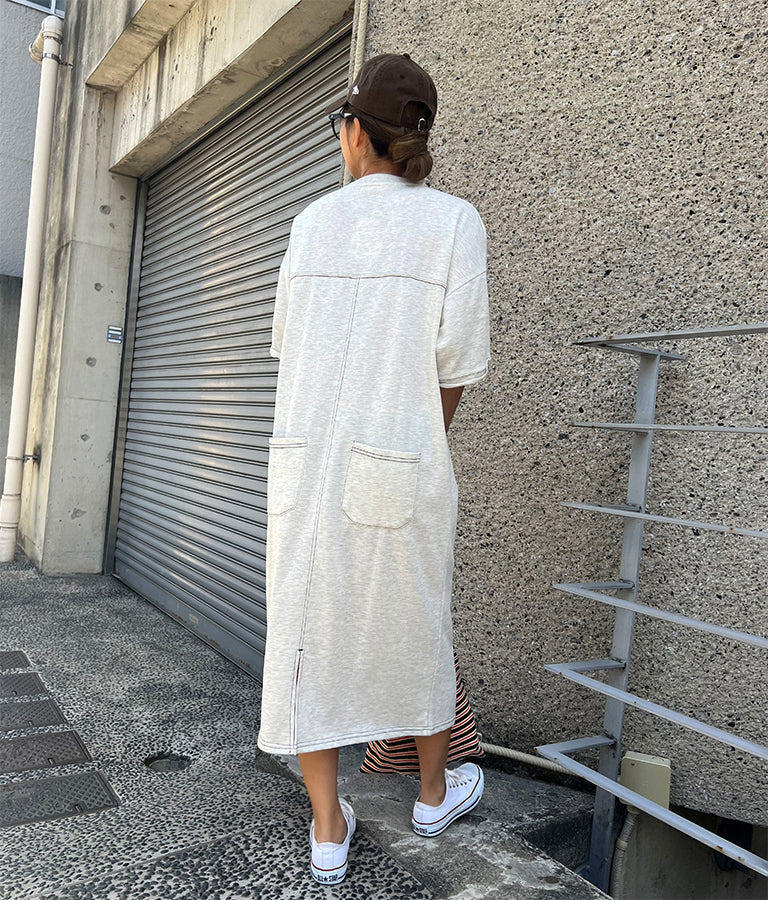 ガーゼ 裏毛 バック切替 5分袖 スウェット ワンピース 857-5839