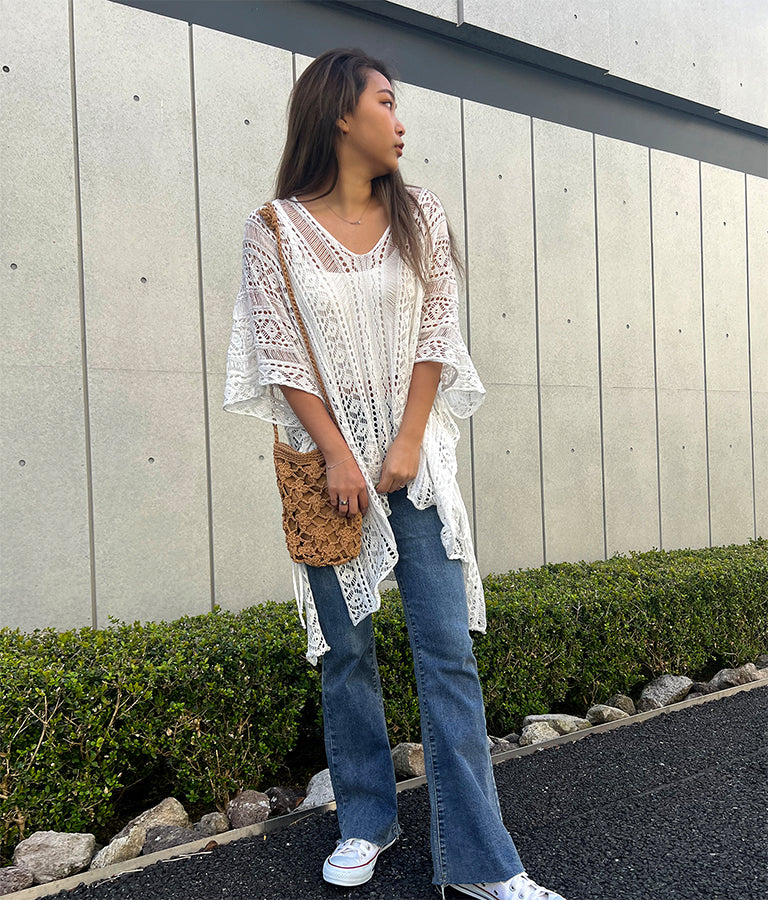 クロシェ編み Vネック ポンチョ チュニック 813-6832