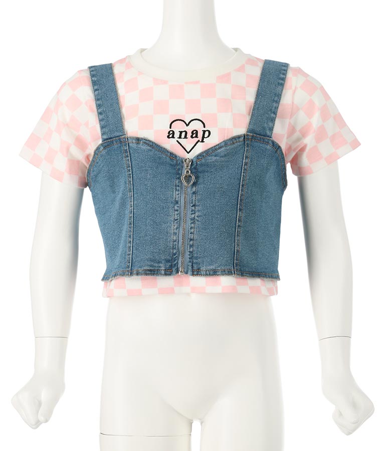 チェッカー柄 Tシャツ + デニム ビスチェ セット 428-3242