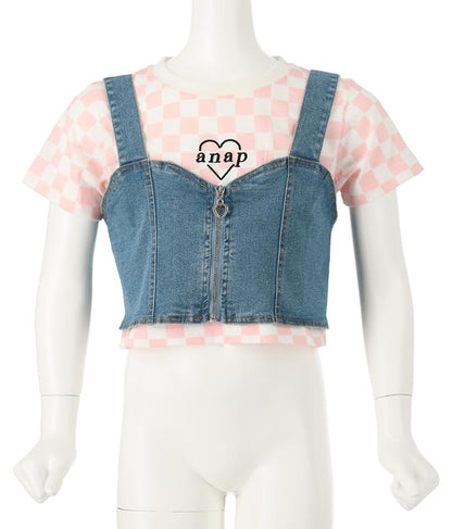 チェッカー柄 Tシャツ + デニム ビスチェ セット 428-3242