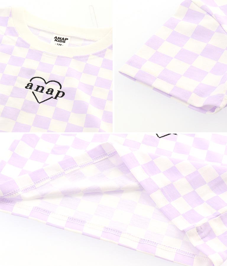 チェッカー柄 Tシャツ + デニム ビスチェ セット 428-3242