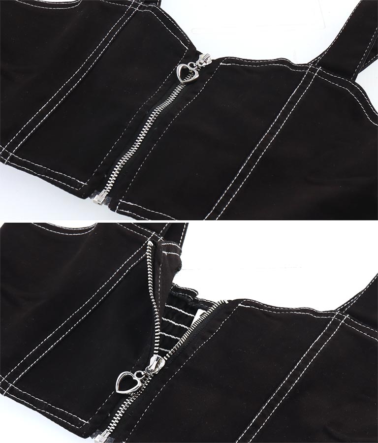 チェッカー柄 Tシャツ + デニム ビスチェ セット 428-3242