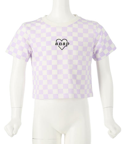 チェッカー柄 Tシャツ + デニム ビスチェ セット 428-3242