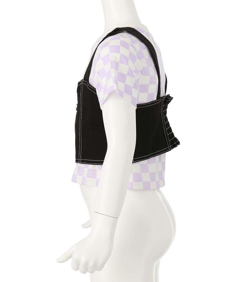 チェッカー柄 Tシャツ + デニム ビスチェ セット 428-3242