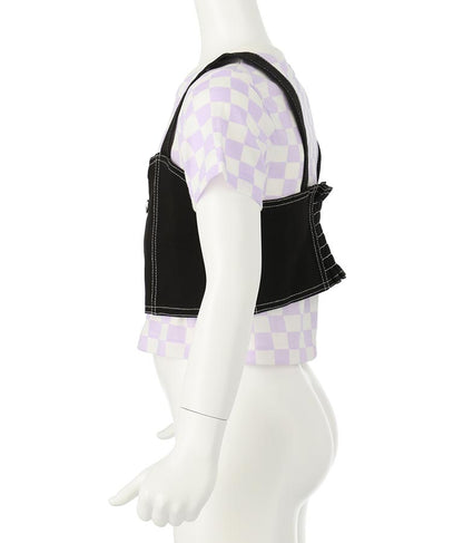 チェッカー柄 Tシャツ + デニム ビスチェ セット 428-3242