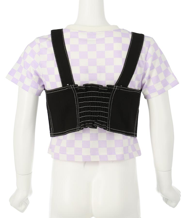 チェッカー柄 Tシャツ + デニム ビスチェ セット 428-3242