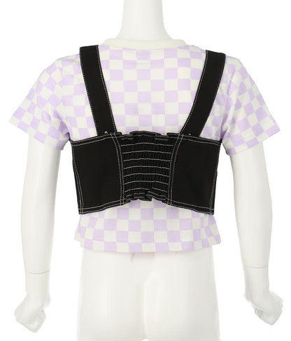 チェッカー柄 Tシャツ + デニム ビスチェ セット 428-3242