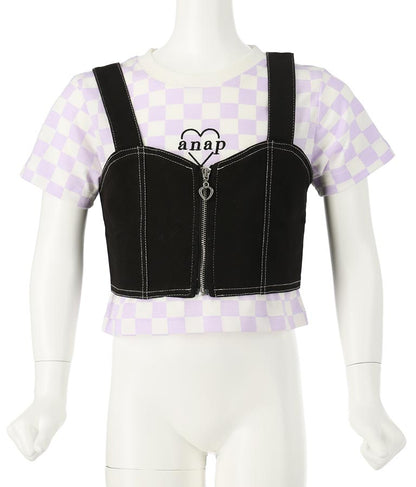 チェッカー柄 Tシャツ + デニム ビスチェ セット 428-3242