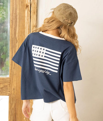 国旗 プリント コットン リンガー Tシャツ