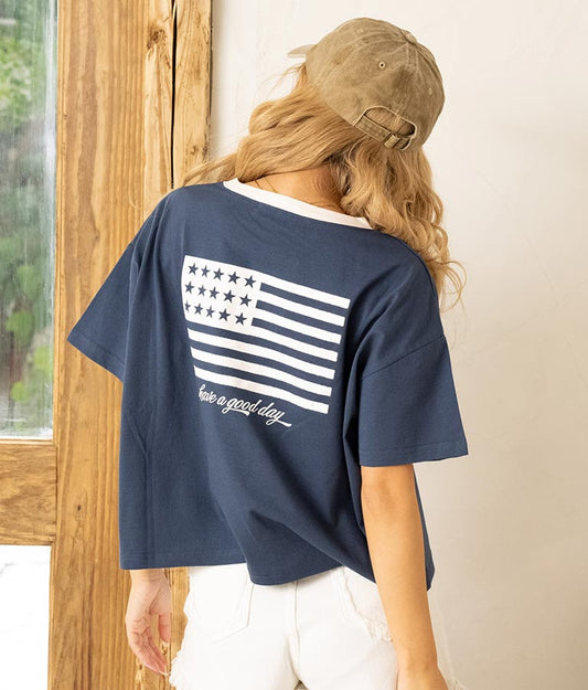 国旗 プリント コットン リンガー Tシャツ 853-5858