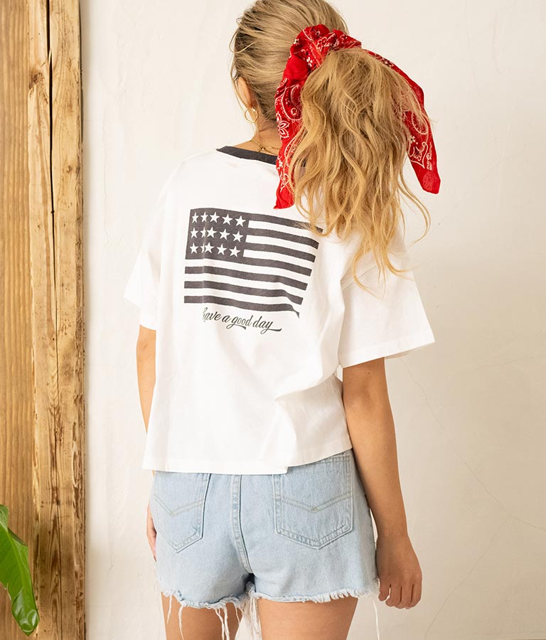 国旗 プリント コットン リンガー Tシャツ 853-5858