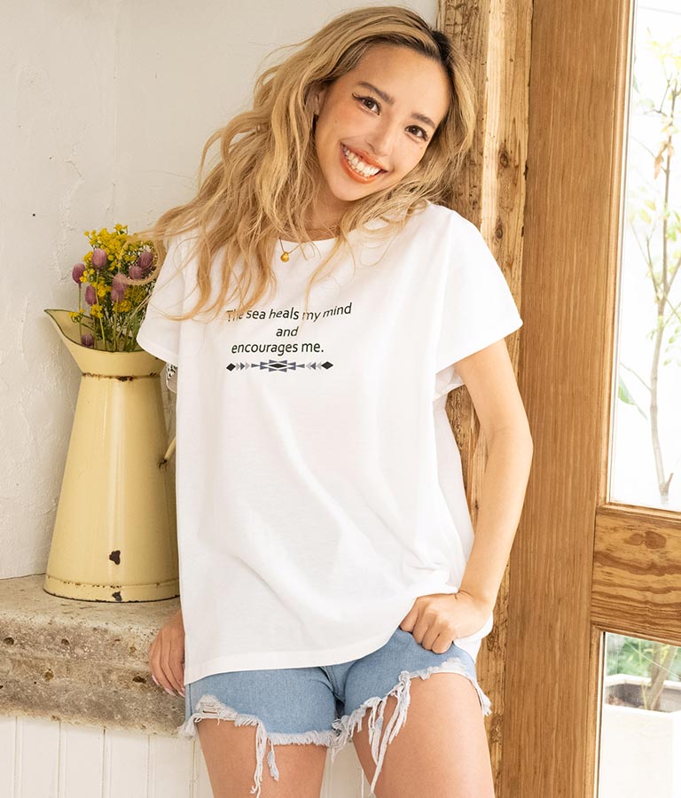 バック オルテガ メッセージ プリント ドルマン Tシャツ