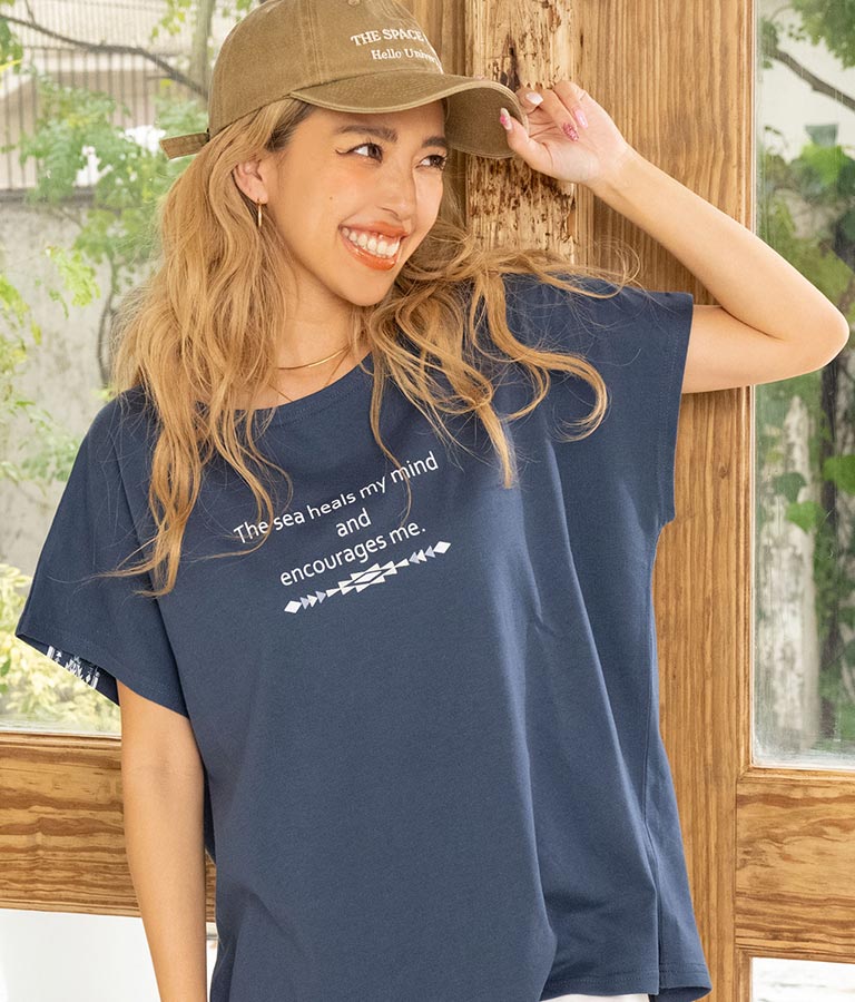 バック オルテガ メッセージ プリント ドルマン Tシャツ 853-5865