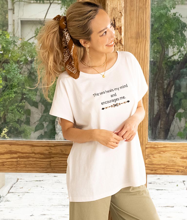 バック オルテガ メッセージ プリント ドルマン Tシャツ 853-5865