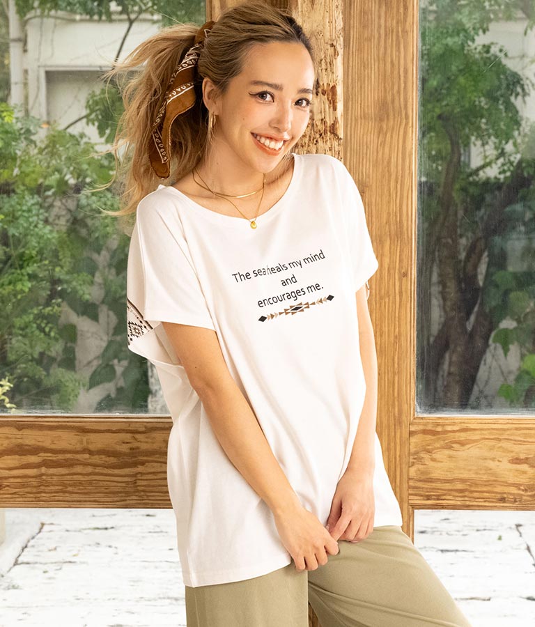 バック オルテガ メッセージ プリント ドルマン Tシャツ 853-5865