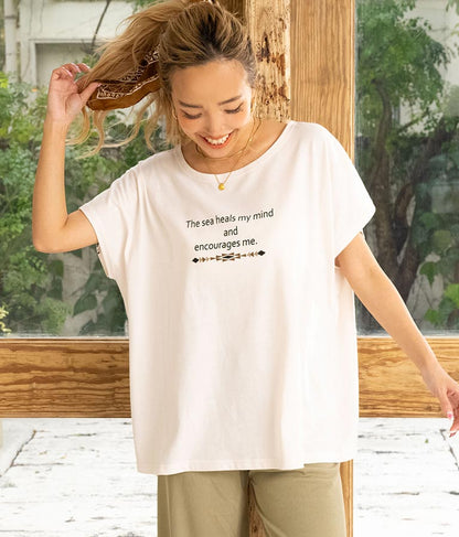 バック オルテガ メッセージ プリント ドルマン Tシャツ 853-5865