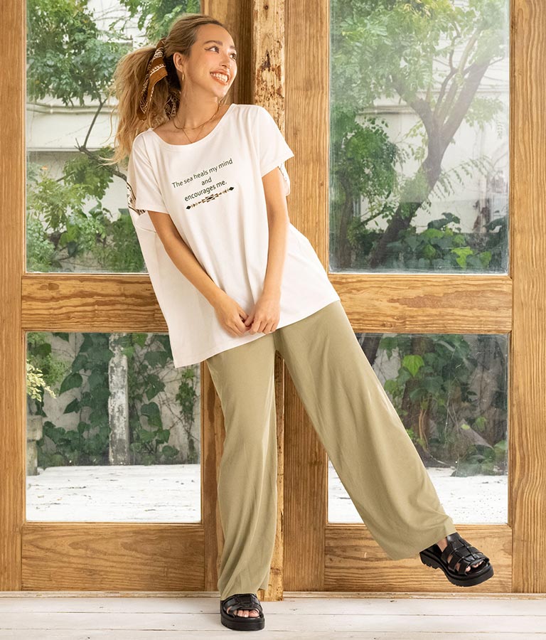 バック オルテガ メッセージ プリント ドルマン Tシャツ 853-5865