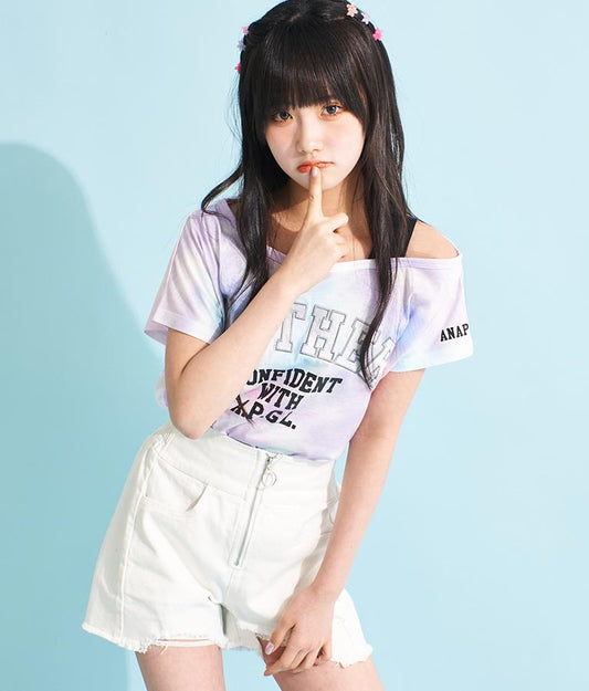 アシンメトリー 肩紐 ワッペン付 デザインTシャツ 913-7364