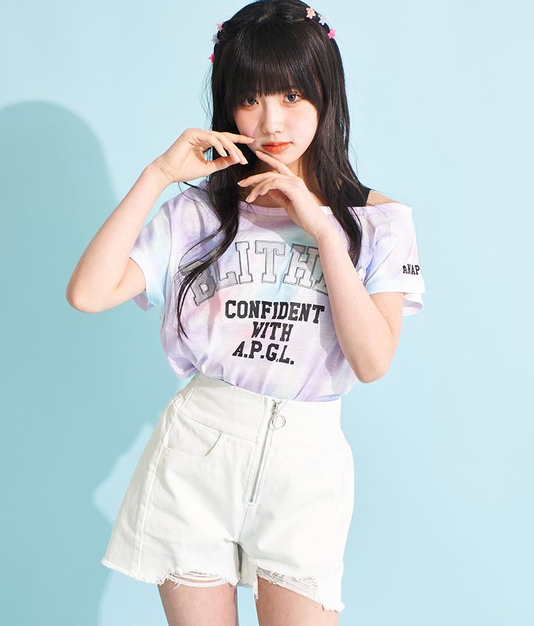 アシンメトリー 肩紐 ワッペン付 デザインTシャツ 913-7364