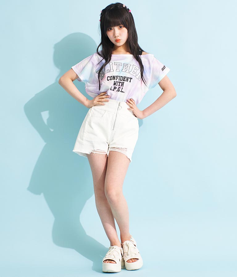 アシンメトリー 肩紐 ワッペン付 デザインTシャツ 913-7364