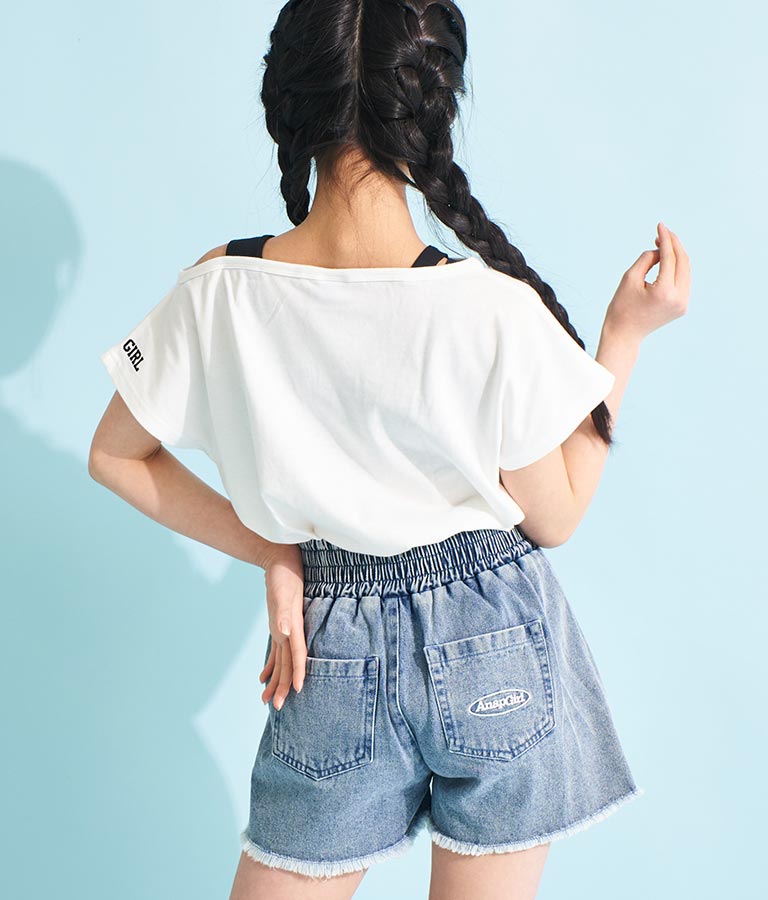 アシンメトリー 肩紐 ワッペン付 デザインTシャツ 913-7364