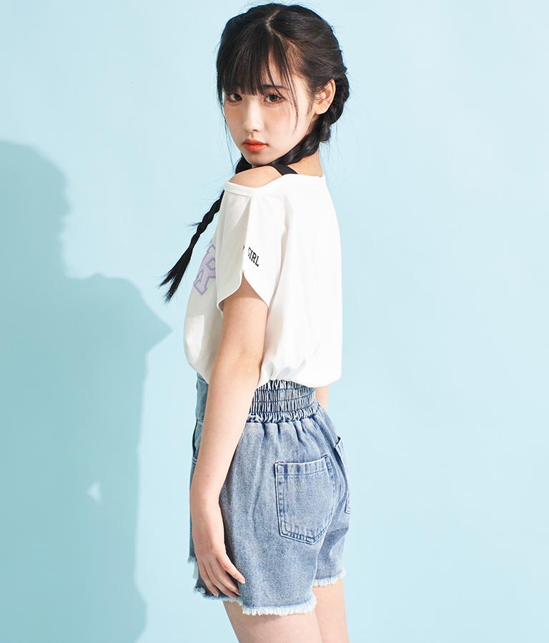 アシンメトリー 肩紐 ワッペン付 デザインTシャツ 913-7364