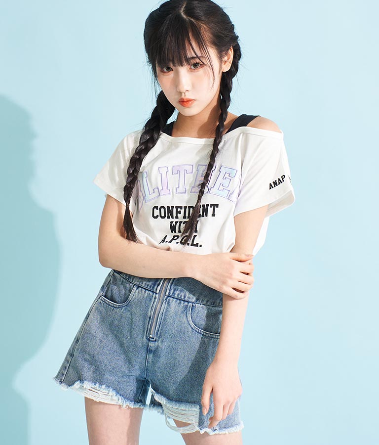 アシンメトリー 肩紐 ワッペン付 デザインTシャツ 913-7364