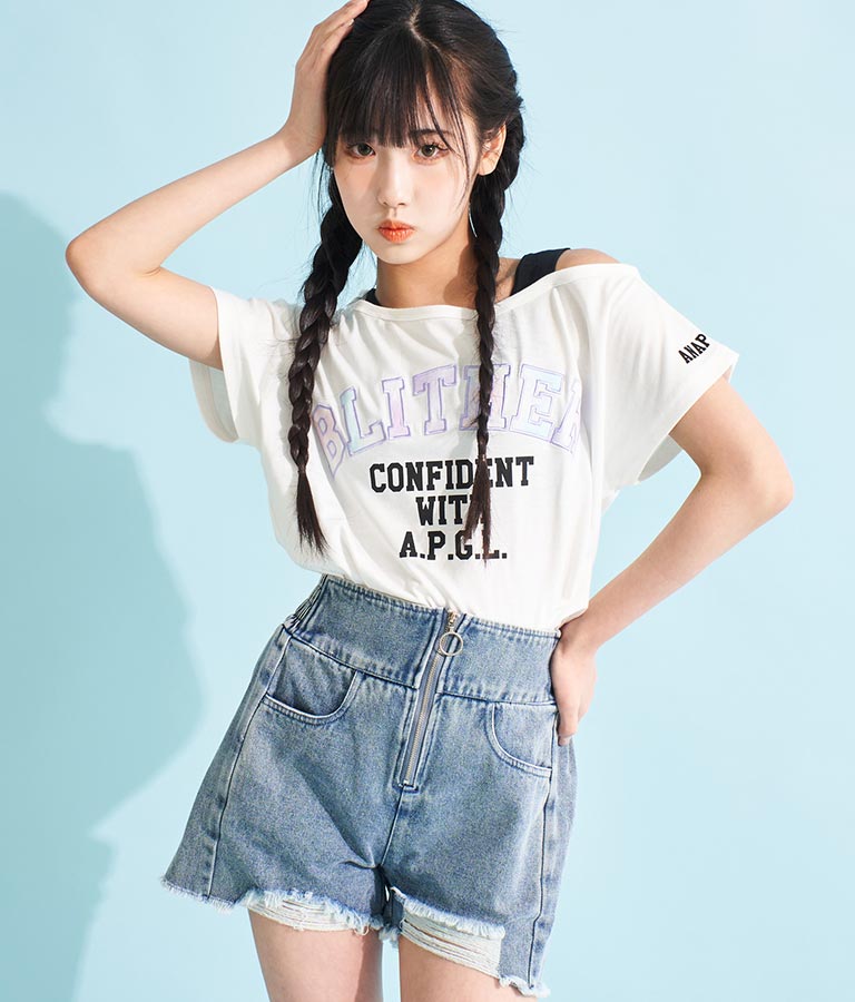 アシンメトリー 肩紐 ワッペン付 デザインTシャツ 913-7364