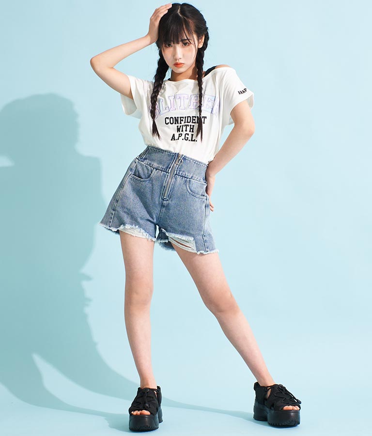 アシンメトリー 肩紐 ワッペン付 デザインTシャツ 913-7364