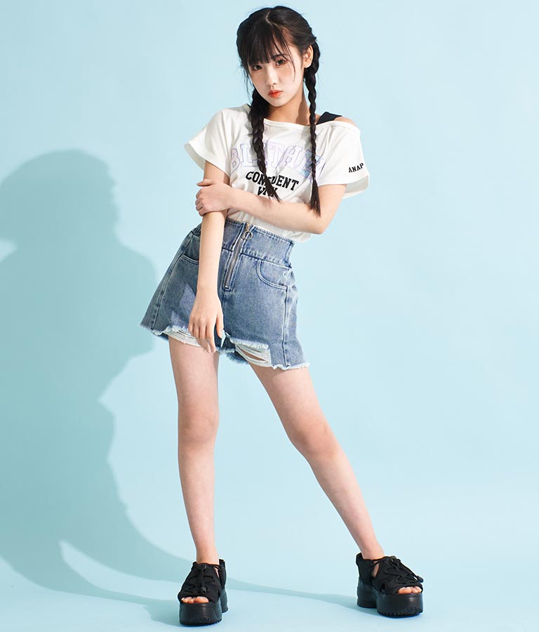 アシンメトリー 肩紐 ワッペン付 デザインTシャツ 913-7364