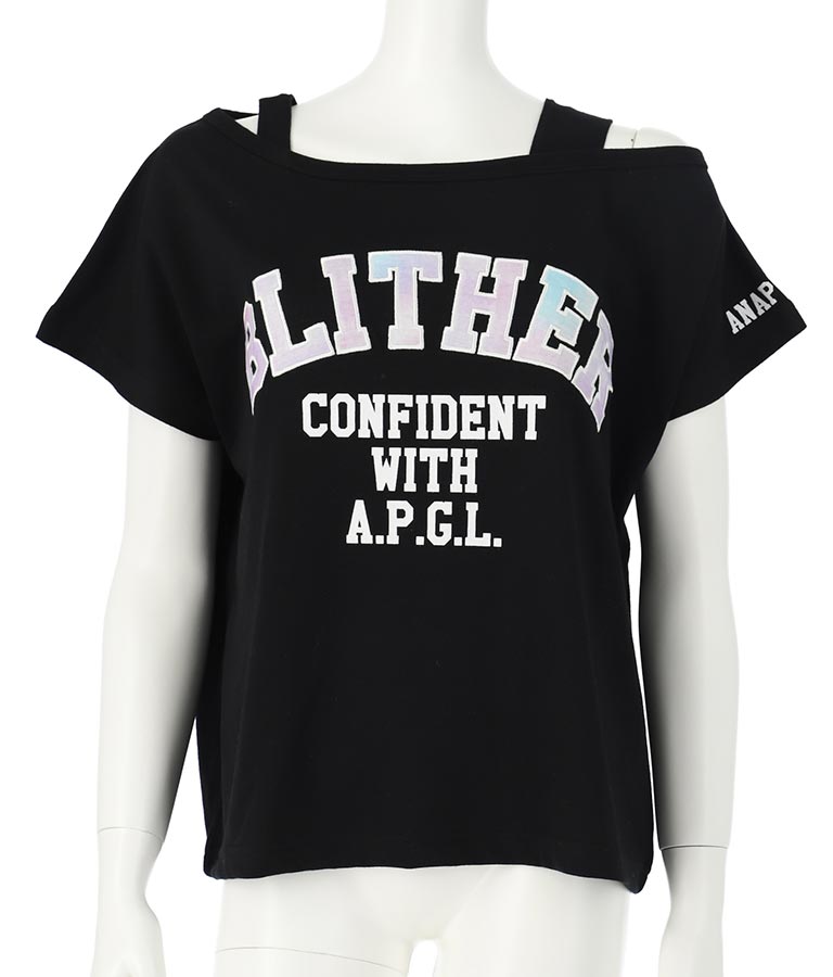 アシンメトリー 肩紐 ワッペン付 デザインTシャツ 913-7364