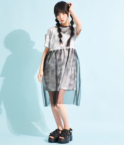 チュール 重ね タイダイ柄 ワンピース