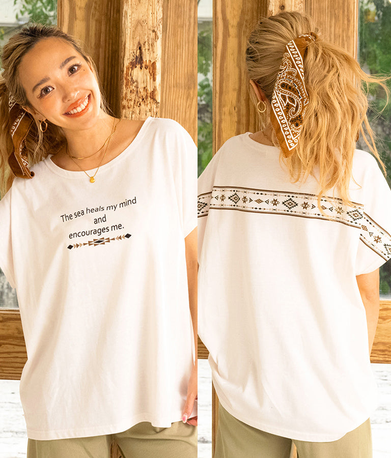 バック オルテガ メッセージ プリント ドルマン Tシャツ 853-5865