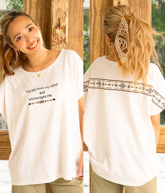 バック オルテガ メッセージ プリント ドルマン Tシャツ 853-5865