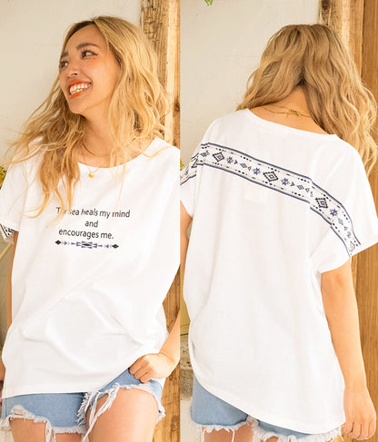 バック オルテガ メッセージ プリント ドルマン Tシャツ 853-5865