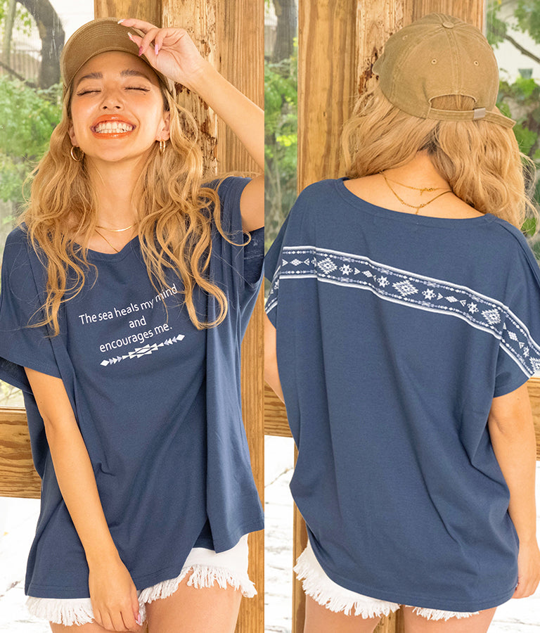 バック オルテガ メッセージ プリント ドルマン Tシャツ 853-5865