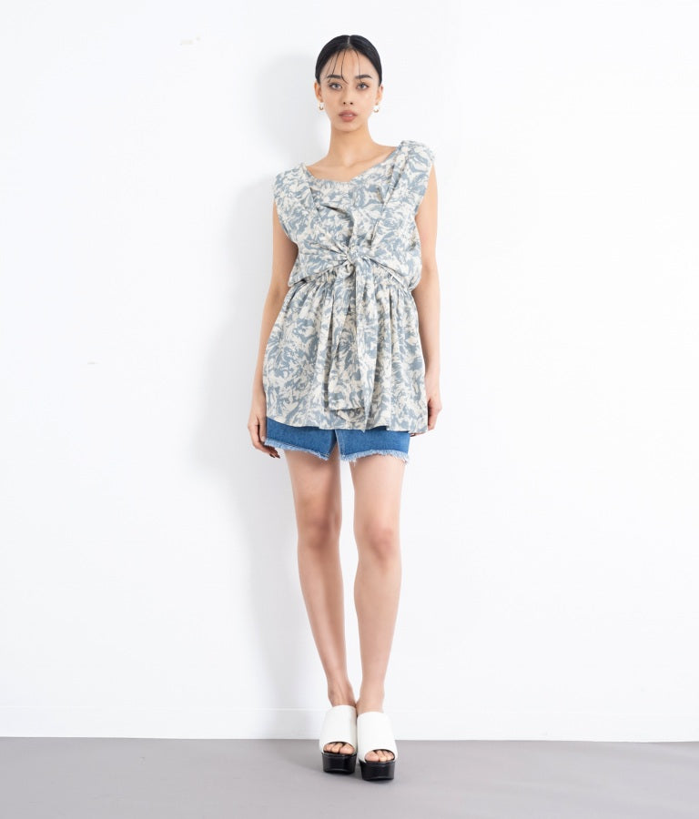 前後2WAYニュアンス柄フレアヘムノースリーブトップスカットソー 493-2394