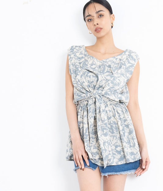 前後2WAYニュアンス柄フレアヘムノースリーブトップスカットソー 493-2394