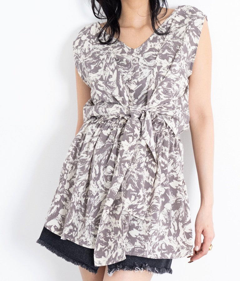 前後2WAYニュアンス柄フレアヘムノースリーブトップスカットソー 493-2394