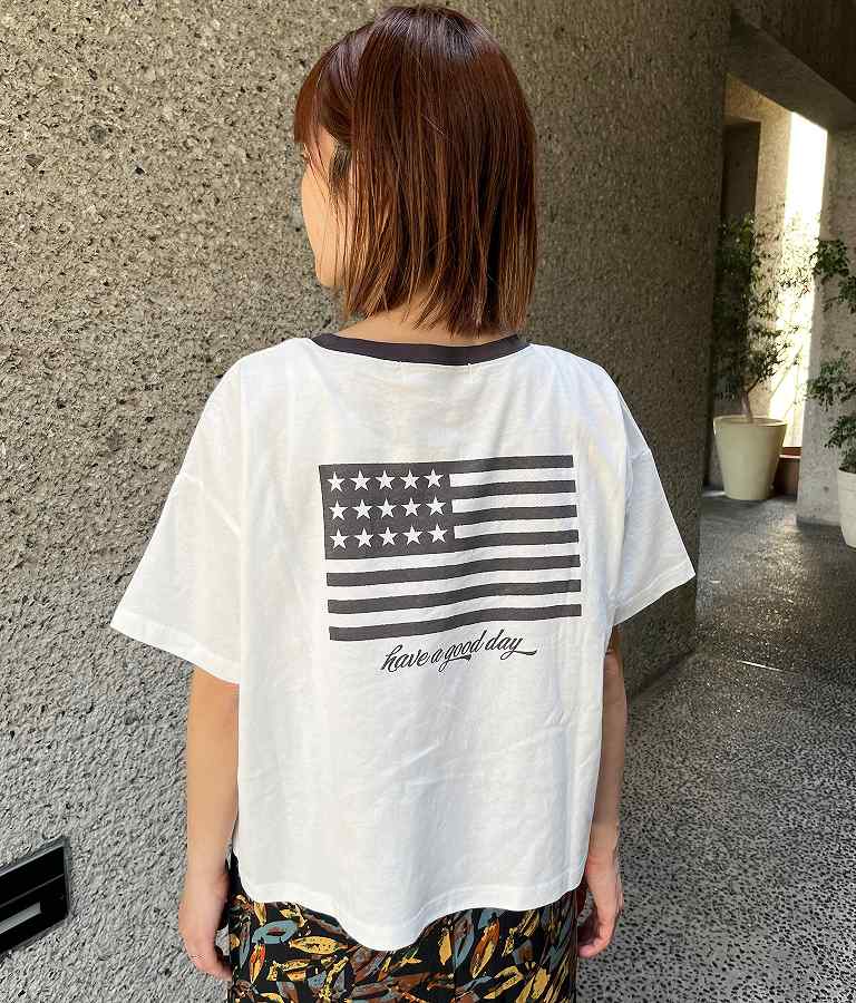 国旗 プリント コットン リンガー Tシャツ 853-5858