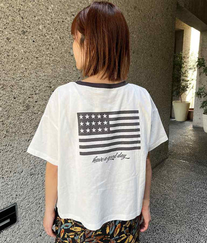 国旗 プリント コットン リンガー Tシャツ 853-5858