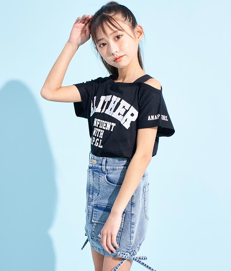 アシンメトリー 肩紐 ワッペン付 デザインTシャツ 913-7364