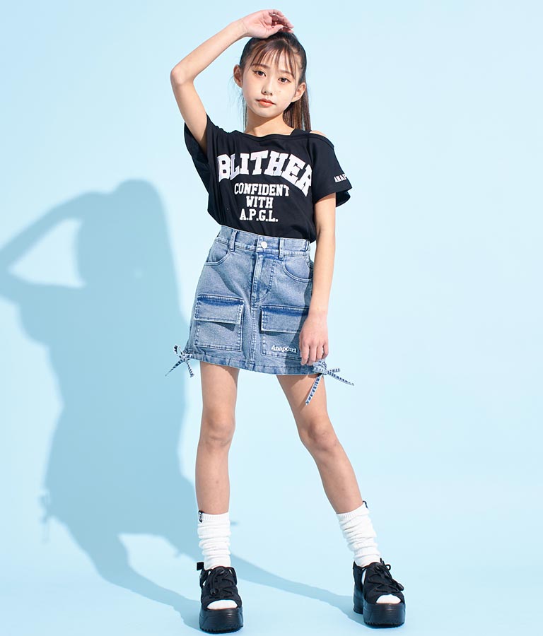 アシンメトリー 肩紐 ワッペン付 デザインTシャツ 913-7364