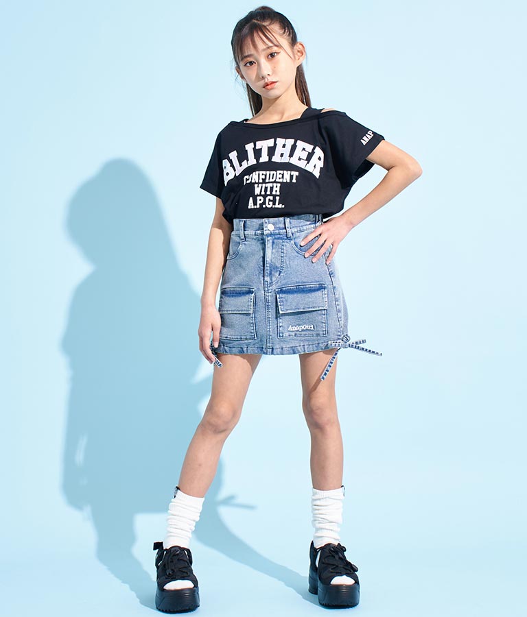 アシンメトリー 肩紐 ワッペン付 デザインTシャツ 913-7364