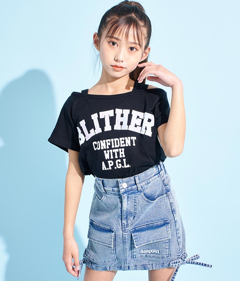 アシンメトリー 肩紐 ワッペン付 デザインTシャツ 913-7364