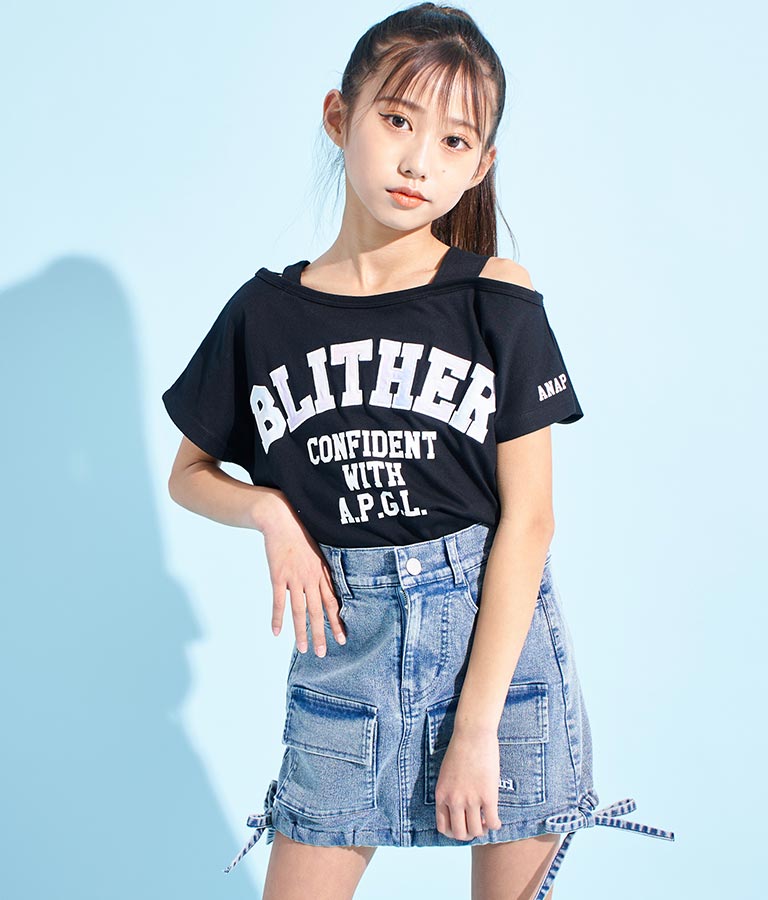 アシンメトリー 肩紐 ワッペン付 デザインTシャツ 913-7364